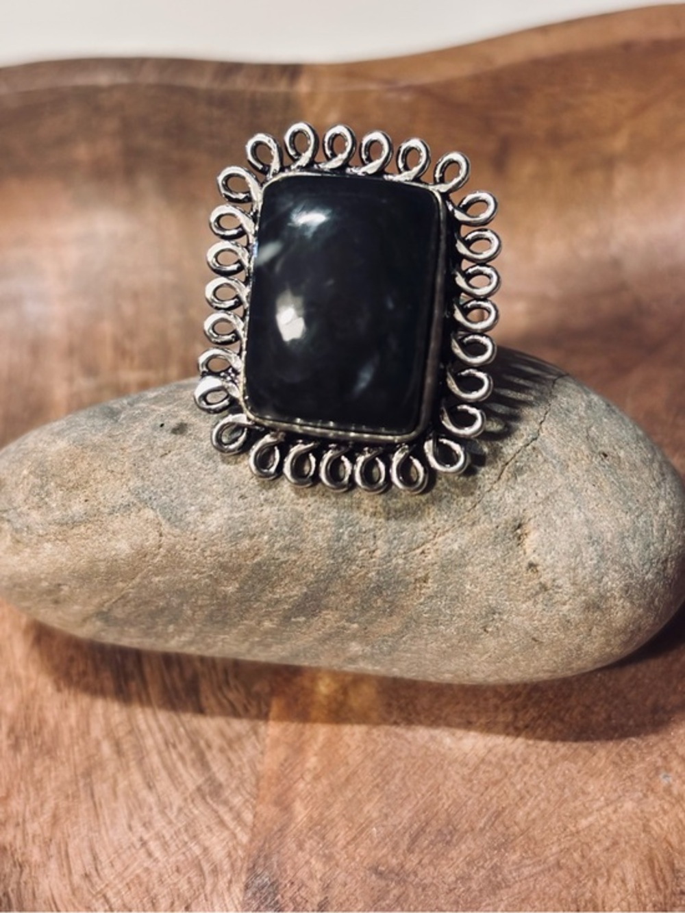 Oversized Charcoal Stone Ring | Earthy Boho Style
